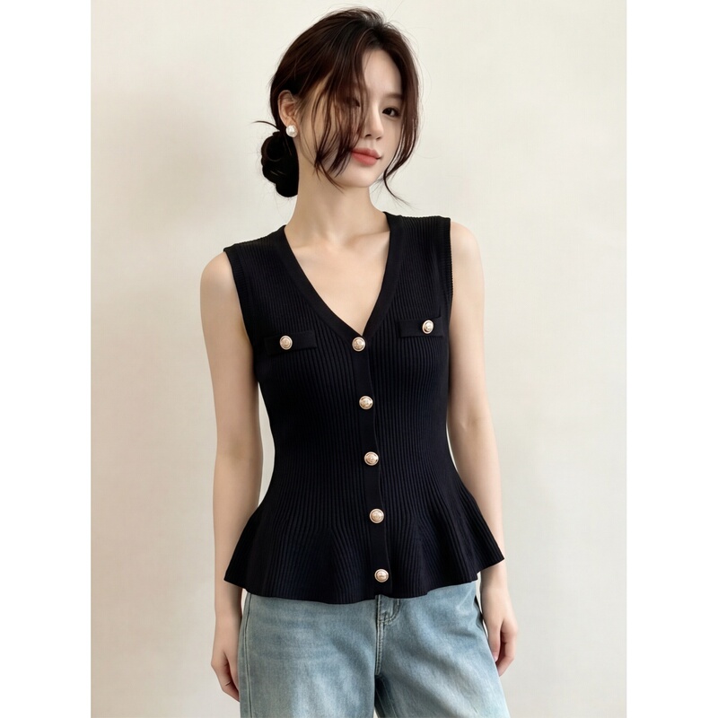 Chanel-Style V-Neck Ruffled Knit Vest for Women, Summer Black, Stunning Sleeveless, High-End, Slim-Fit Top