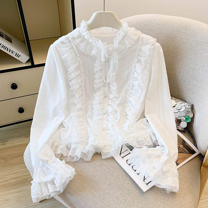 Palace-Style Lace-Trimmed Flared Long-Sleeve Shirt for Women, Early Autumn Single-Breasted Blouse, Elegant and Beautiful Hollow-Out Top Palace-Style Lace-Trimmed Flared Long-Sleeve Shirt for Women, Early Autumn Single-Breasted Blouse, Elegant and Beautiful Hollow-Out Top