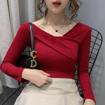 One-word strapless shirt base shirt female spring and autumn 2021 heart machine slim sexy slip shoulder long sleeve T-shirt foreign atmosphere inside