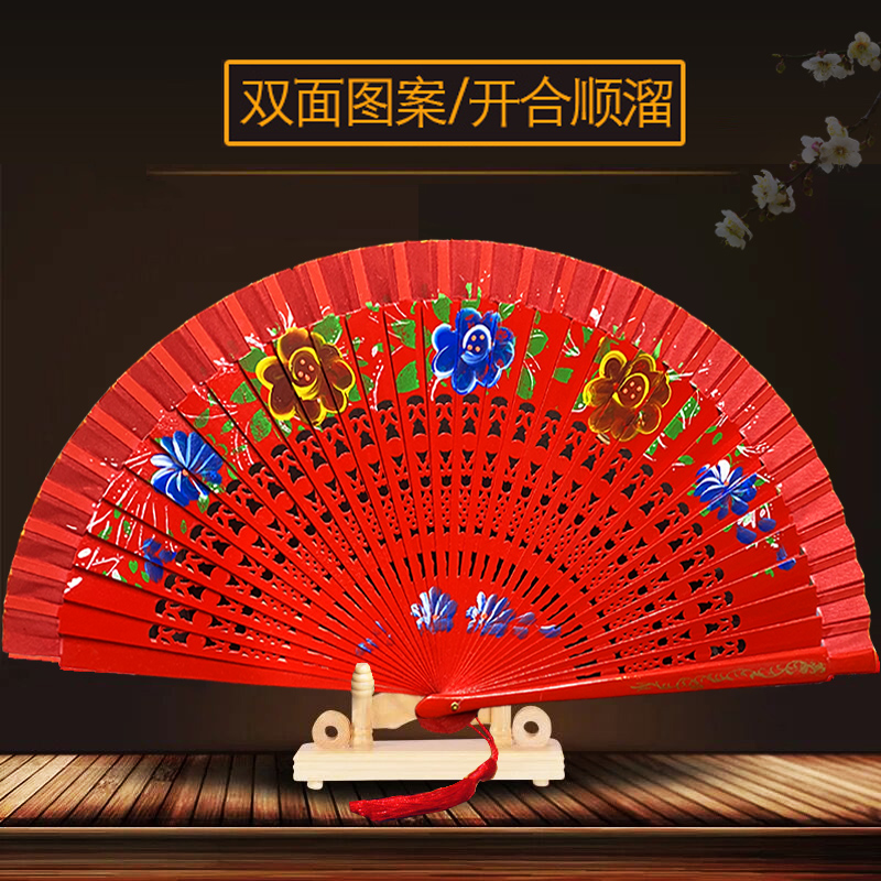 Dance fan ancient wind red fan solid wood fan bone opening and closing cis-side fan qipao stage walking show folding fan-Taobao