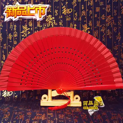Pure red stage catwalk cheongsam women's folding fan craft paint 7 inch easy-to-open and close wooden hollow double-sided fan