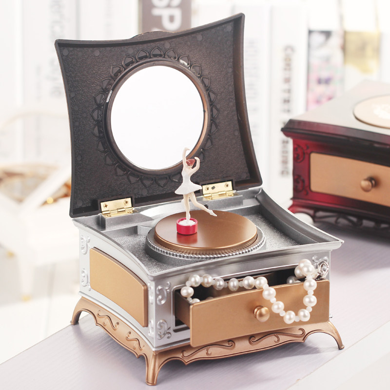 Music Box Creative Retro Mini Rotating Dancing Princess Makeup Mirror Octaonic Box for children's birthday