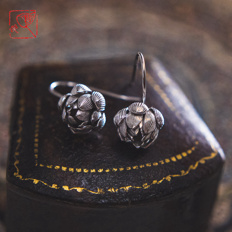 {Bowl Lotus} 925 silver realistic three-dimensional lotus Chinese wind realistic three-dimensional lotus earring earring earrings