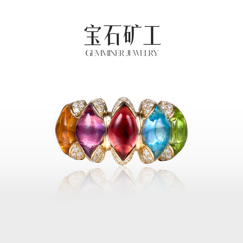 Gemstone Miner 18K Gold Crystal Ring with Real Diamond Gemstone Fashion Wide Band