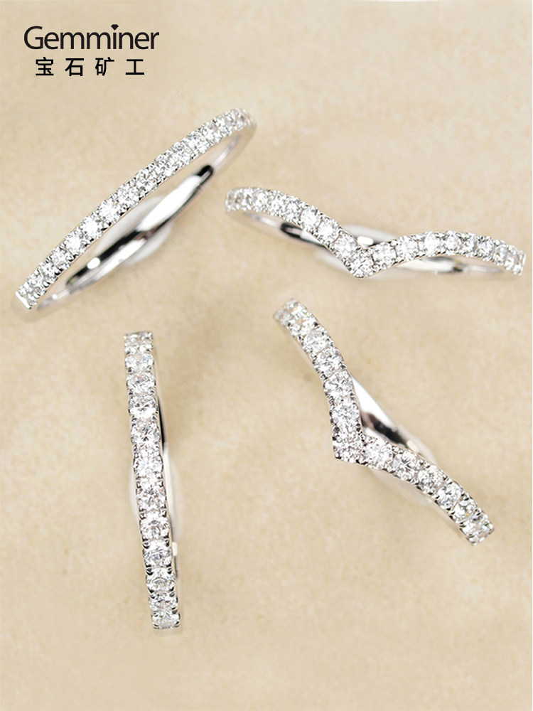 Gem miner 18K white gold diamond row diamond ring Women's color gold diamond ring with ring protection ring Broken diamond V ring