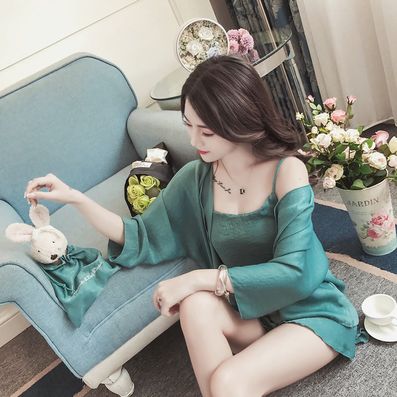 Đồ ngủ nữ mùa hè Hàn Quốc phiên bản của mùa xuân và mùa thu lụa ngắn tay sinh viên tươi băng lụa có thể được đeo bên ngoài cotton lụa dịch vụ nhà hai mảnh phù hợp với pijama nữ