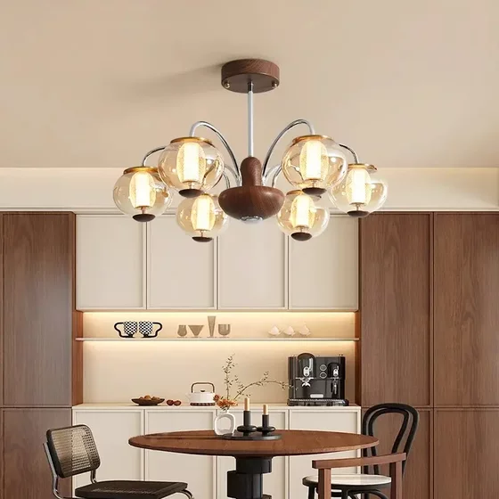 French Mid-Century Style Living Room Lamp, American Retro Vintage Dining Room Study Lamp, Walnut Wood Bedroom Room Chandelier