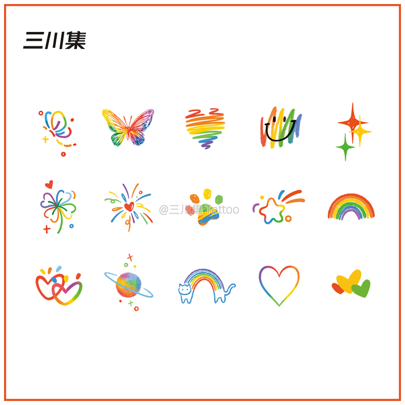 San Chuan Ji Colorful Small Pattern Rainbow Heart Butterfly Tattoo Sticker Waterproof Long-Lasting Cute Cartoon Arm Collarbone