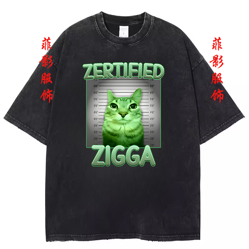 European and American Funny and Creative Cat and Pufferfish Print Round Neck Vintage Washed Black Distressed Short-Sleeve T-Shirt Top