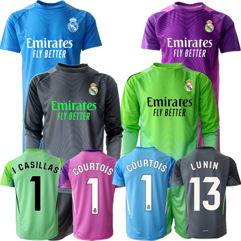 Real Madrid Goalkeeper No. 1 Courtois, No. 13 Casilla, No. 2526 Goalkeeper Jersey, Long-Sleeved, Short-Sleeved, Adult and Children's Sizes