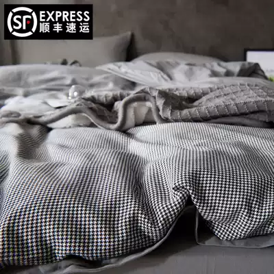 European and American-dyed brushed cotton cotton sheets thickened polished bed hats four-piece set of thousand bird grid bedding