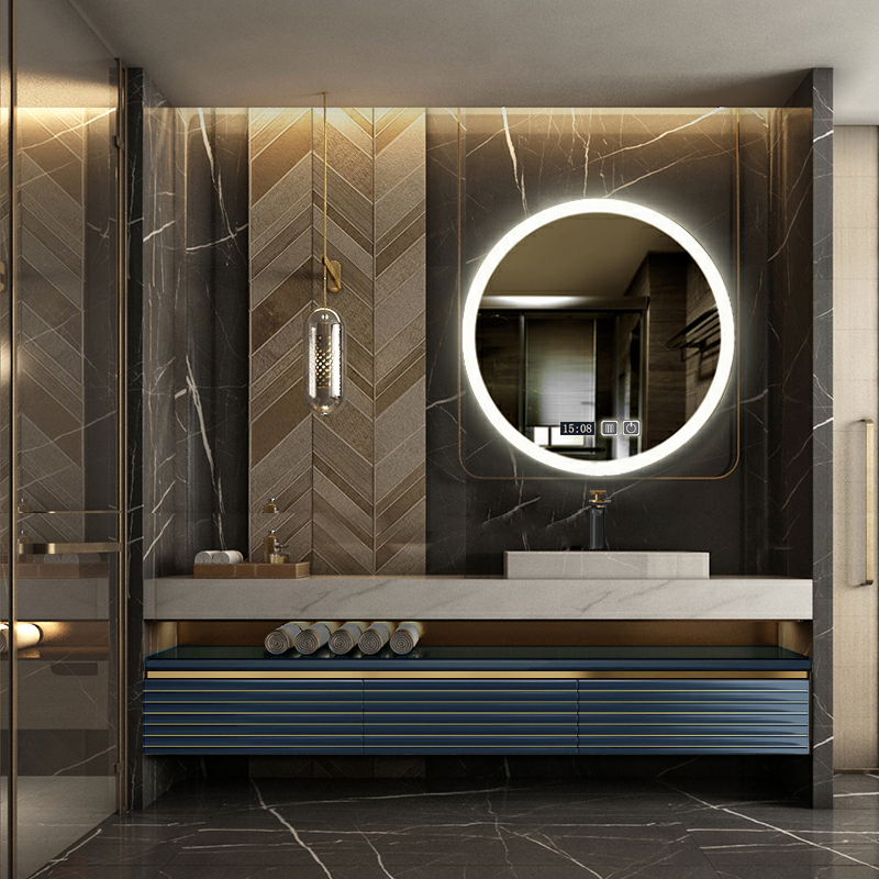 Oak Wood Light Extravagant Terrace Tub Bath Room Cabinet Smart Round Mirror Hanging Cabinet Rock Board Integrated Hand Wash Pool Wash Table Suspended Blue