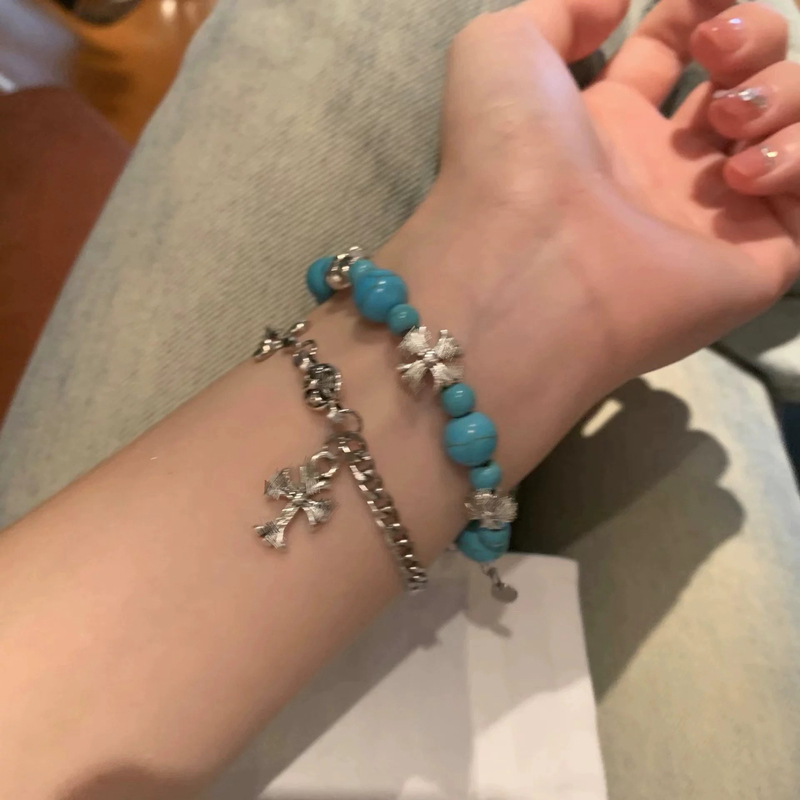 LAOSHU Turquoise Elastic Bracelet with Stacked Cross Bracelet for Women, Niche Hippie Style Bracelet, Stacked Trendy Bracelet