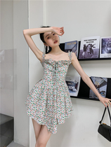 Pleated lace lace-up floral dress 2021 first love temperament small skirt pure desire fairy high suspender skirt