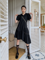 Baby collar temperament black dress fishtail skirt with metal hat buckle casual Joker long lapel shirt skirt