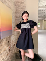 2021 summer hot girls wear black bubble sleeves lace stitching back lace up loose thin sweet cool dress