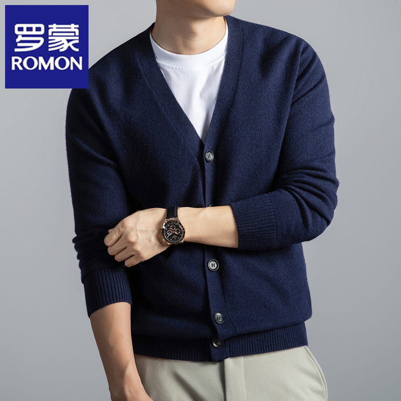 Romon Genuine Wool Cardigan for Men, V-Neck Autumn and Winter Sweater Jacket, Business Casual Knit Base Shirt, Trendy