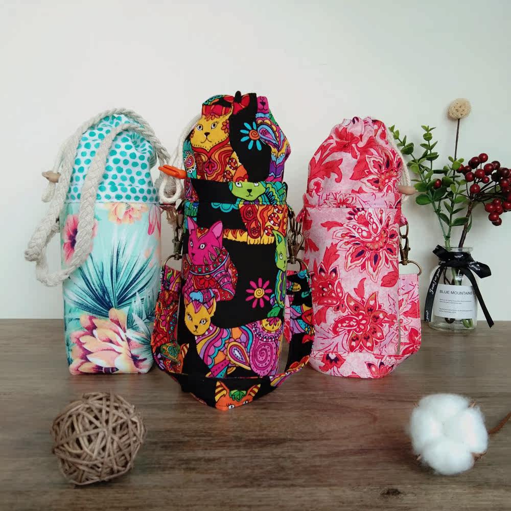 Wind cloth handmade water cup cover Kettle bottle bag Thermos cup protection cotton anti-scratch removable hand drawstring