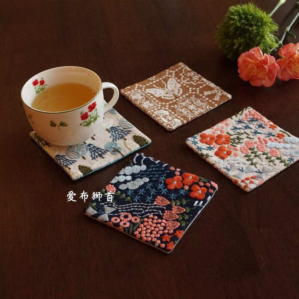 3 ins and all Kawamura embroidery Japanese style zakka imported cotton fabric 10cm double laminated cotton cup cushion tea cushion-Taobao
