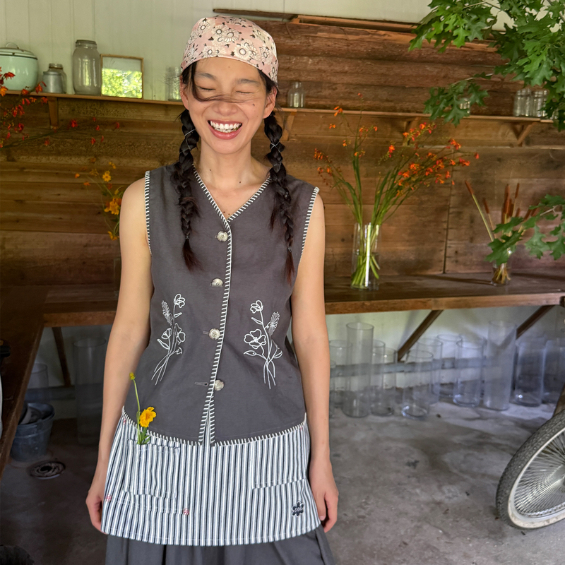 Seersucker [Plant Growth] Cotton and Linen Embroidered Sleeveless Top Vest