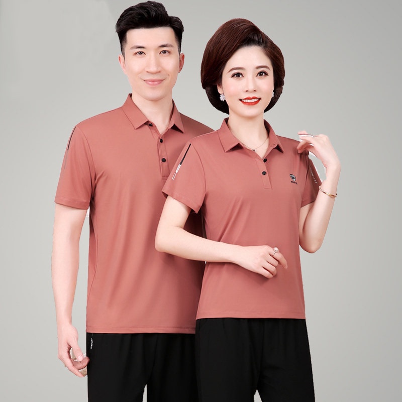 Middle-Aged and Elderly Sports Suits for Men and Women, Summer Ice Silk, Middle-Aged Couples' Matching Outfits, Summer Short-Sleeved T-Shirts