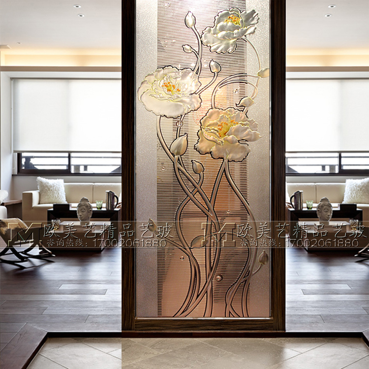 Home decoration tempered art glass entrance screen partition Decorative wall deep carving process double-sided effect ice clean