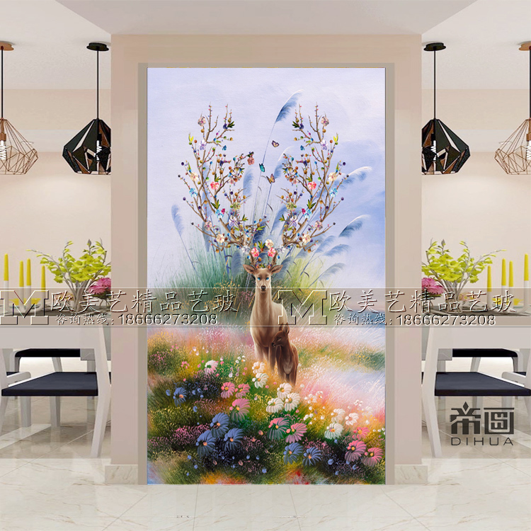 European and American art glass enters the seating room cut off living room kitchen TV sofa background wall double face screen recruiting deer