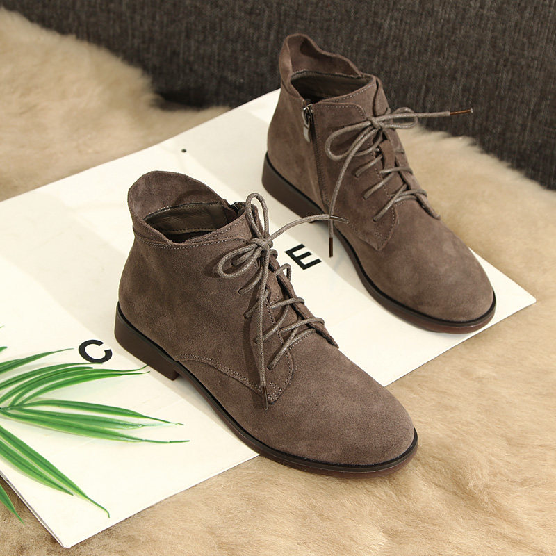 ins Martin boots female Inlenty wind comfort soft-bottom frosted genuine leather flat bottom short boot retro grey strap and ankle boot