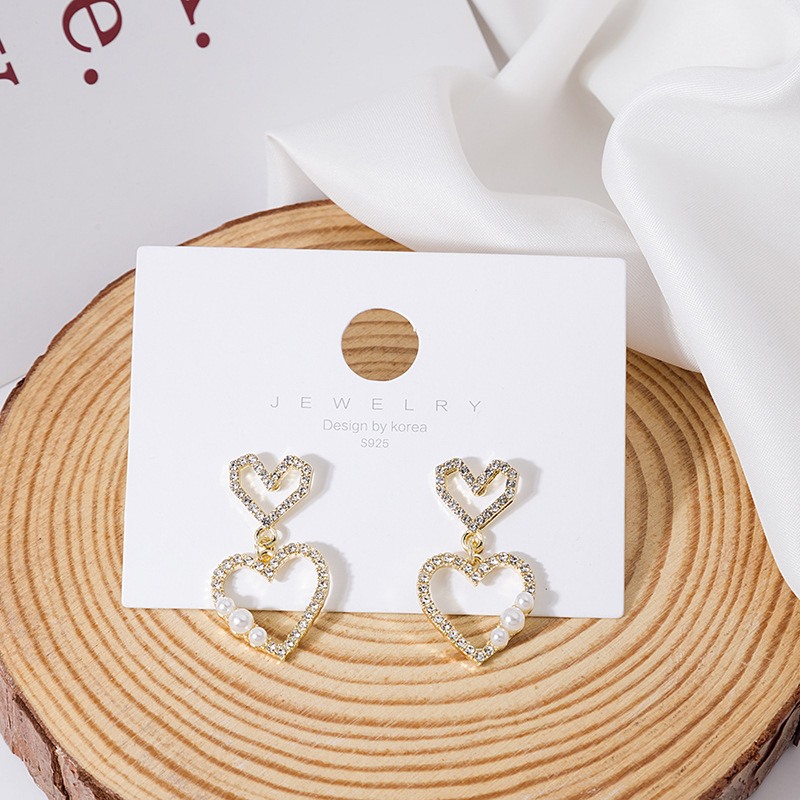 Silver needle sweet double heart diamond pearl earrings simple Japanese and Korean water droplets long version temperament fashion peach heart earrings women