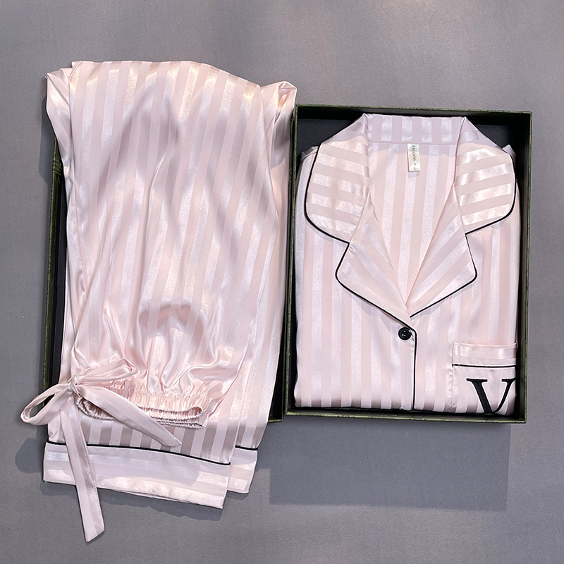 Victoria Mulberry Silk V Secret Short Sleeve Long Pants Pajamas Women's Striped High-End Homewear Long Sleeve Thin Style