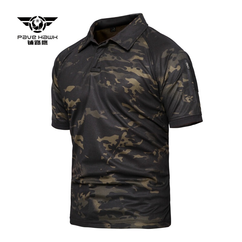Tactical Quick-Drying Camouflage T-Shirt with Collar, Men's Short-Sleeved Military Enthusiast Dark Night Black Polo Shirt, Men's Dark Night Camouflage