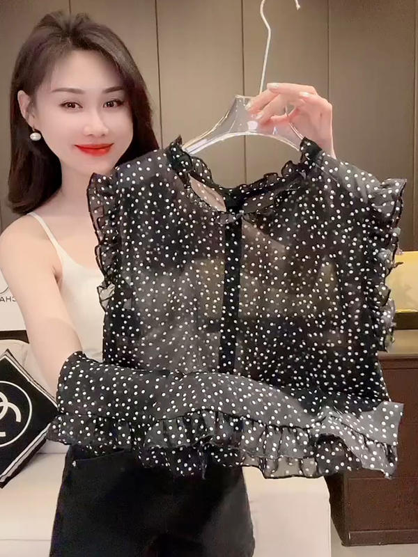 2025 Summer New Thin Sleeveless Polka Dot Chiffon Blouse for Women, Loose and Versatile with Ruffled Edges, Black Top