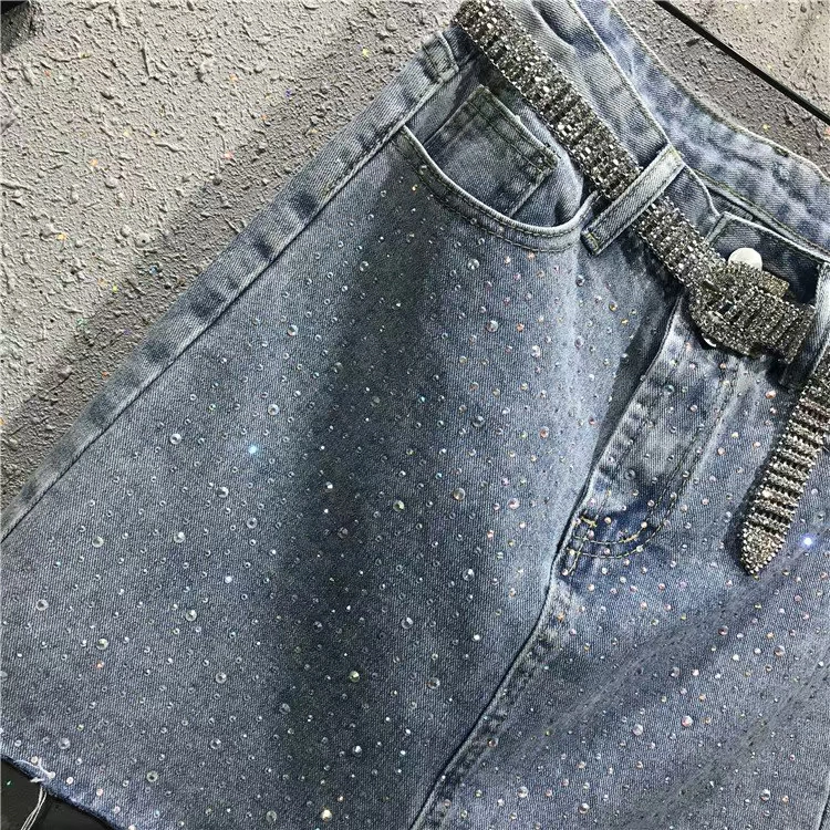 Châu Âu 2019 xuân hè hè nữ mới eo cao Một gói từ hông váy lông cạnh khoan nóng váy denim mỏng nữ - Váy chân váy chấm bi