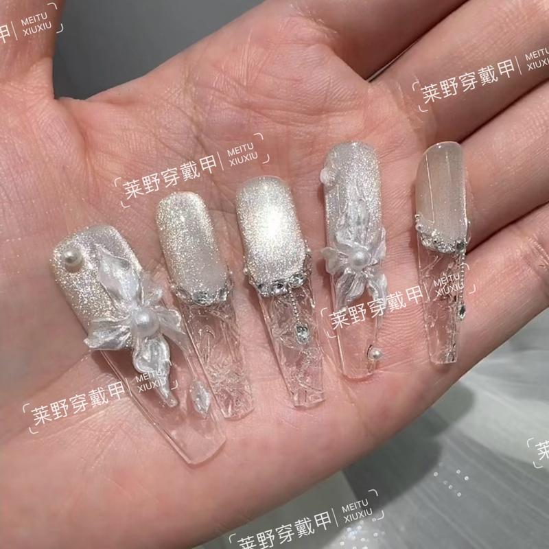 High-Quality Handmade Ice-Clear Glass Cat's Eye Ice Flower Crushed Ice Whitening Bingbing Wearable Nails