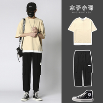 (Set) Muzi little brother overalls mens Tide brand loose Joker straight pants ins Hong Kong style handsome ankle-length pants