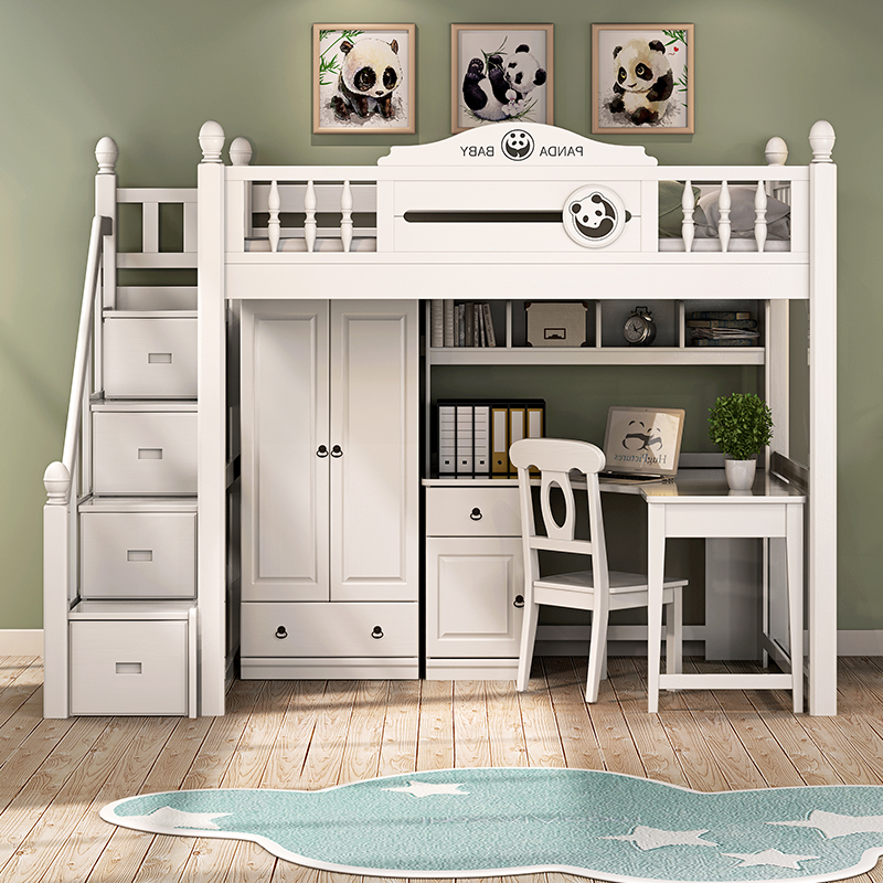 Solid Wood Upper Bed Lower Table Low Bed Wardrobe Upper Bunk Beds Bunk Bed Twin Beds Children's Bed Desk Integrated Small Household Multifunction