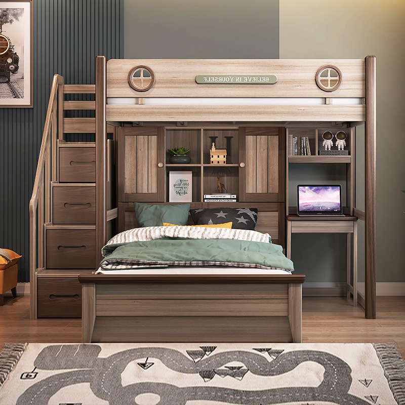 Children's bed High and low bed Full solid wood Multi-functional staggered upper and lower bed desk beds integrated boy double bed