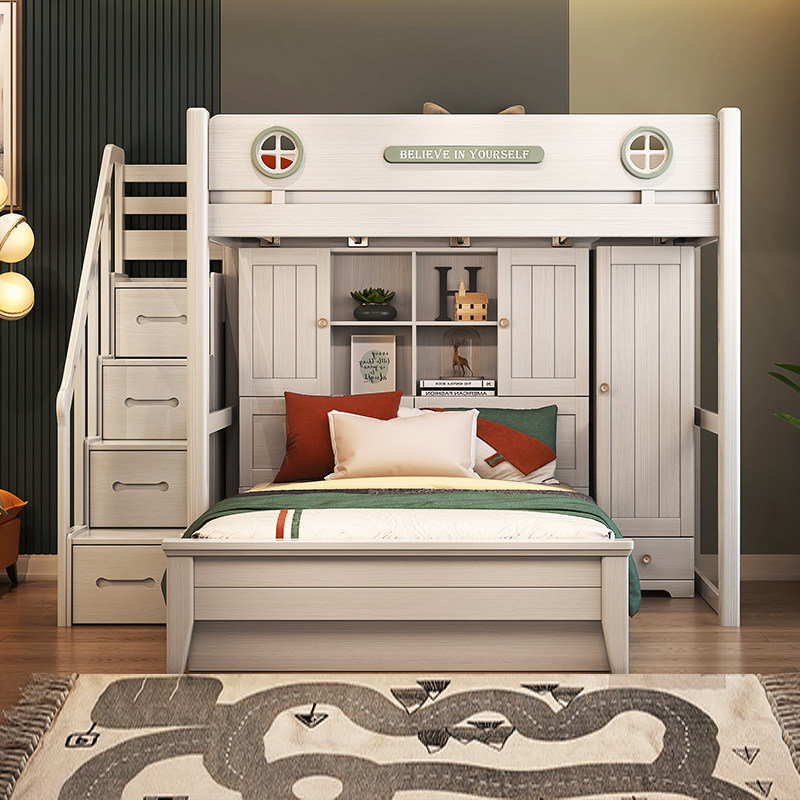 Full solid wood high and low bed Small family Nordic children staggered double bed 1 5 m bunk bed and mother bed combined bed