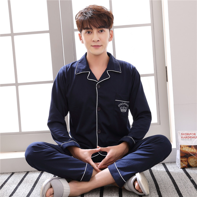 Bộ đồ ngủ nam cotton dài tay mùa xuân và mùa thu trẻ trung tuổi trẻ trung đồ ngủ nam cotton mỏng mùa xuân phục vụ nhà mùa đông đồ bộ thun cotton mặc nhà cao cấp