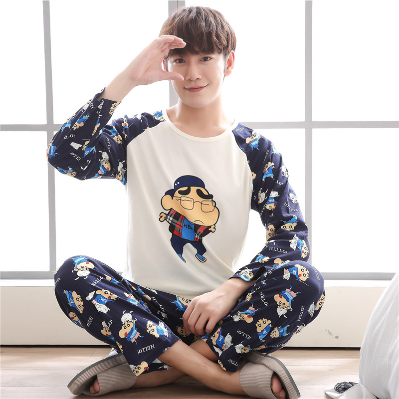 Bộ đồ ngủ nam dài tay cotton mùa xuân mùa thu hoạt hình tuổi teen Hàn Quốc cặp sinh viên tươi mới phục vụ nhà mùa hè đồ bộ đẹp