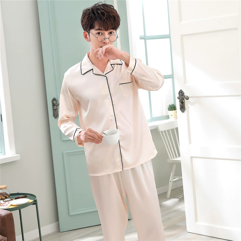 Mùa xuân và mùa thu dài tay đồ ngủ nam mùa hè mỏng băng lụa đồ ngủ đôi nam lụa dịch vụ nhà kích thước lớn phù hợp với giản dị đồ pijama