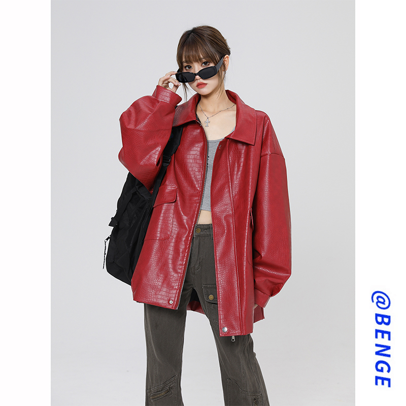 Red Pu Leather Jacket for Women, Spring and Autumn 2025 New Style, Plus-Size Tops for Chubby Women, White Workwear Baseball Jacket