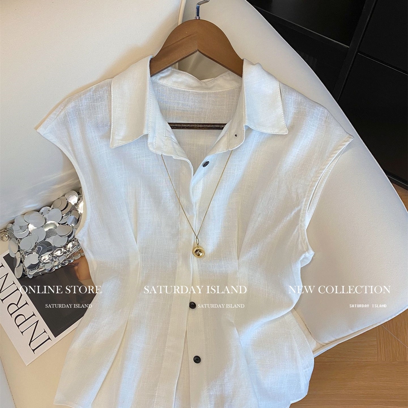 White Polo Collar Sleeveless Linen Vest Shirt for Women, 2025 Summer New Style, High-End Commuter Versatile Top