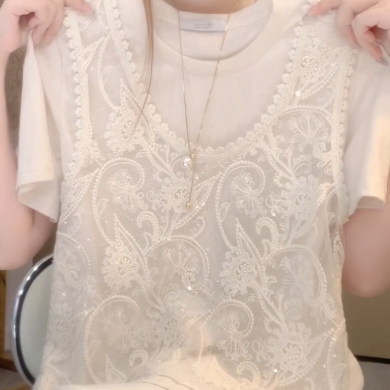 2026 Summer New White Lace Crochet Hollow-Out Faux Two-Piece Women's Stylish Versatile Outerwear Top