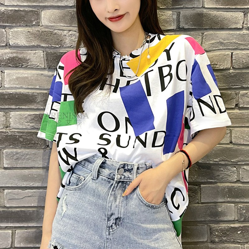 Europe station 2022 new tide letters graffiti fashion long T-shirt female short sleeve cotton loose undershirt T-shirt female summer