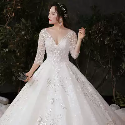 Wedding dress 2021 new bride starry sky trailing luxury luxury large size fat mm200 kg thin and fat temperament V-neck