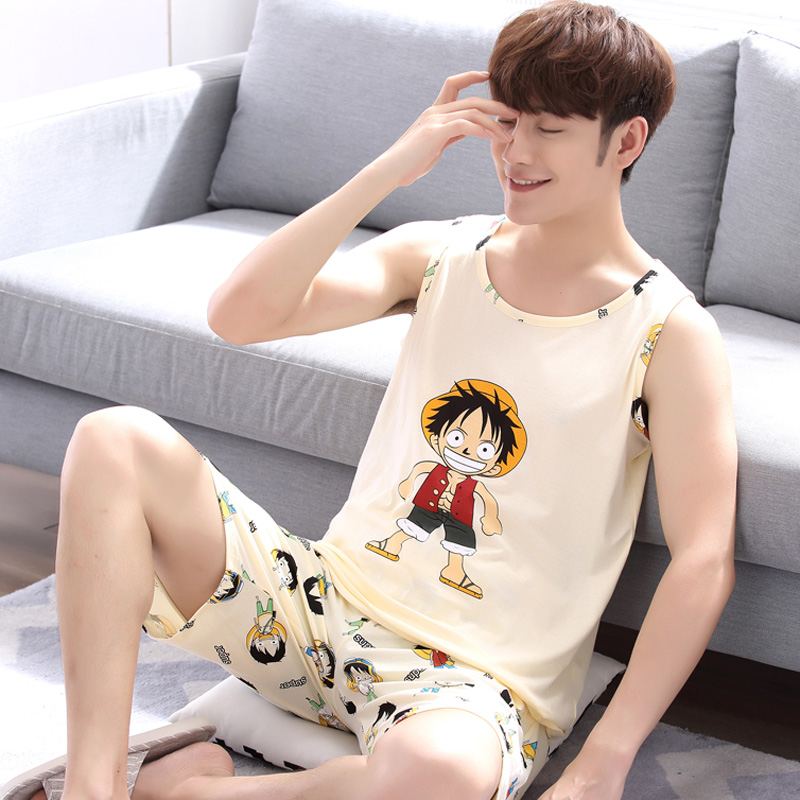 Mens pajamasummer vest ngắn tay bông mô hình mỏng học sinh trung học cơ sở 12-18 tuổi bông nhà quần áo