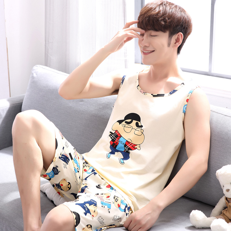 Mens pajamasummer vest ngắn tay bông mô hình mỏng học sinh trung học cơ sở 12-18 tuổi bông nhà quần áo