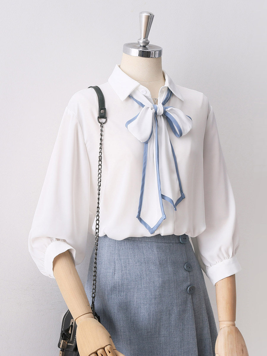 Chiffon blouse women interview OL professional shirt contrast bow tie white chiffon shirt women's three-point sleeve summer dress