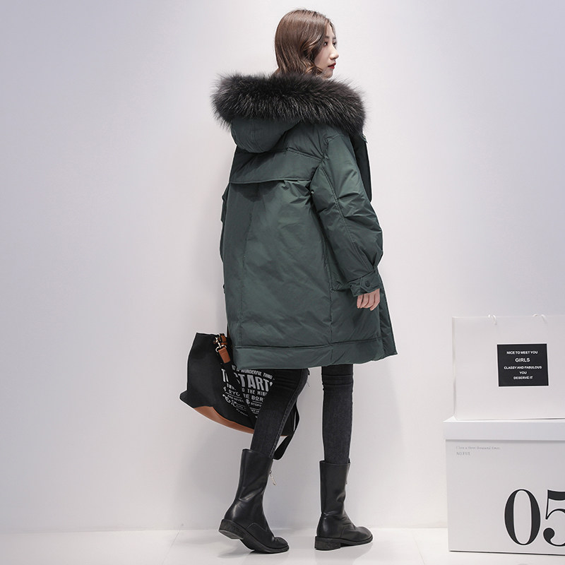 Down jacket women's winter medium long style 2021 new fashion foreign white duck down women's real fur collar loose thick jacket